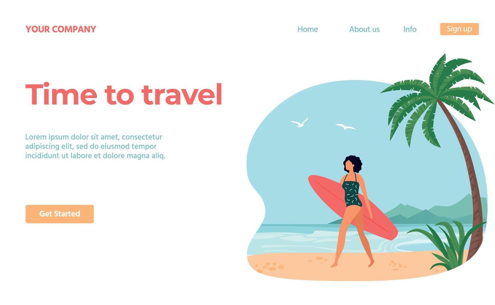 Travel concept landing web page, girl with surfboard vector