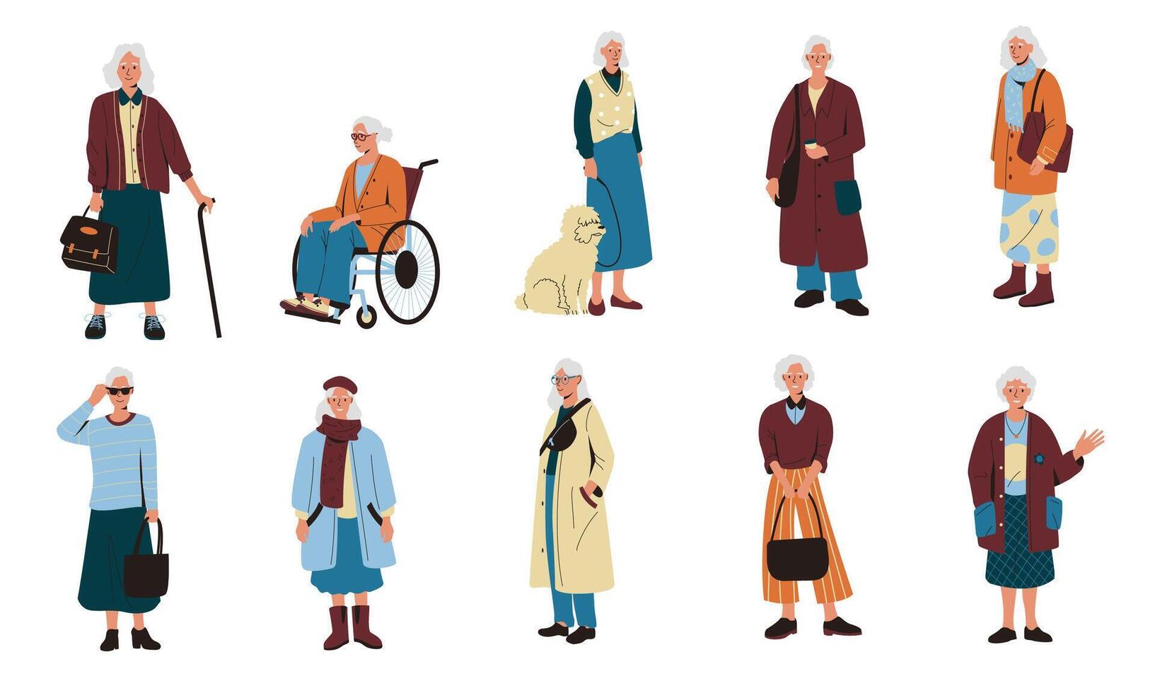 Senior women. Old mature female characters cartoon style, elderly grandma portraits wearing fashionable casual clothing, positive retired ladies. Vector set