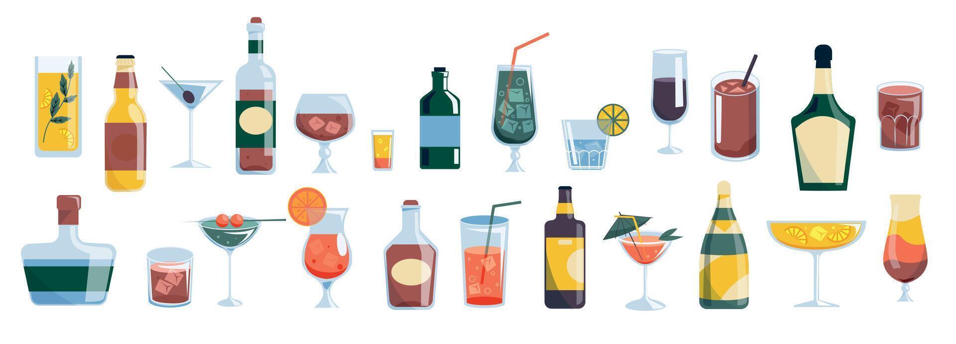 Alcohol drinks collection. Bar and restaurant menu with cocktail and wine, whiskey and rum, vermouth and gin. Vector alcohol beverage set