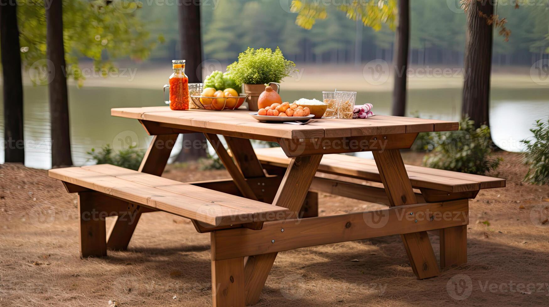 AI generated outdoor wood picnic table ai generated photo