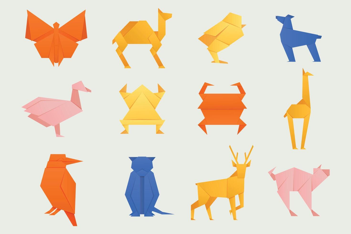 vistoso origami animales doblada origami animal modelos, japonés zoo animales doblada papercraft modelo colección en dibujos animados plano estilo. vector colección