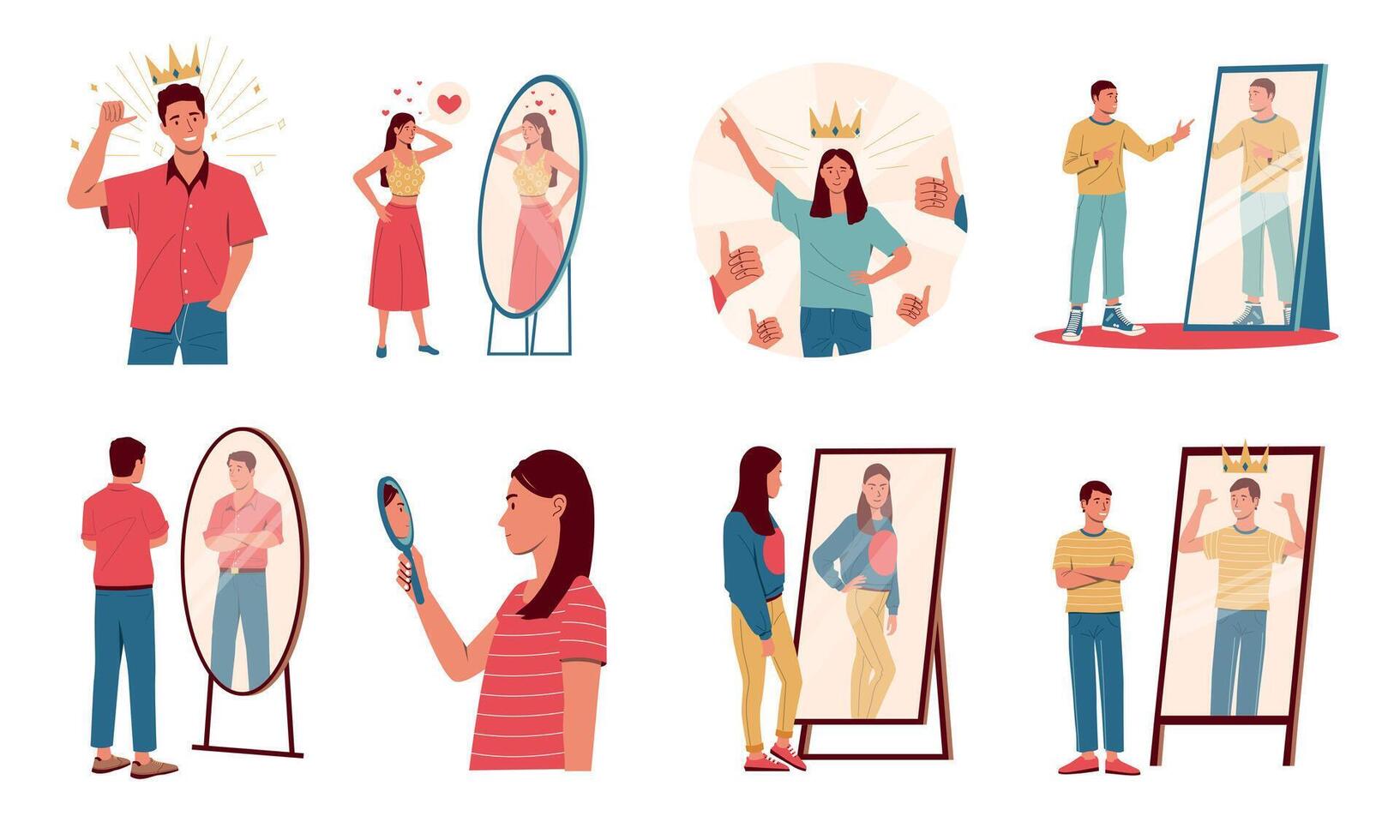 Self confident person. Cartoon men and women with positive mindset looking in mirrors proud of themselves, concept of self acceptance. Vector isolated set