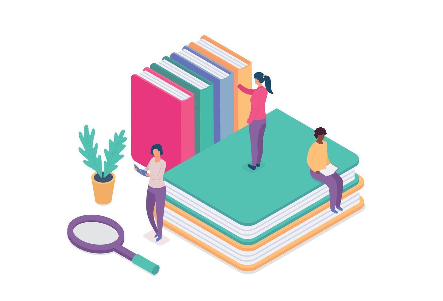 Isometric online library concept, people education with book vector