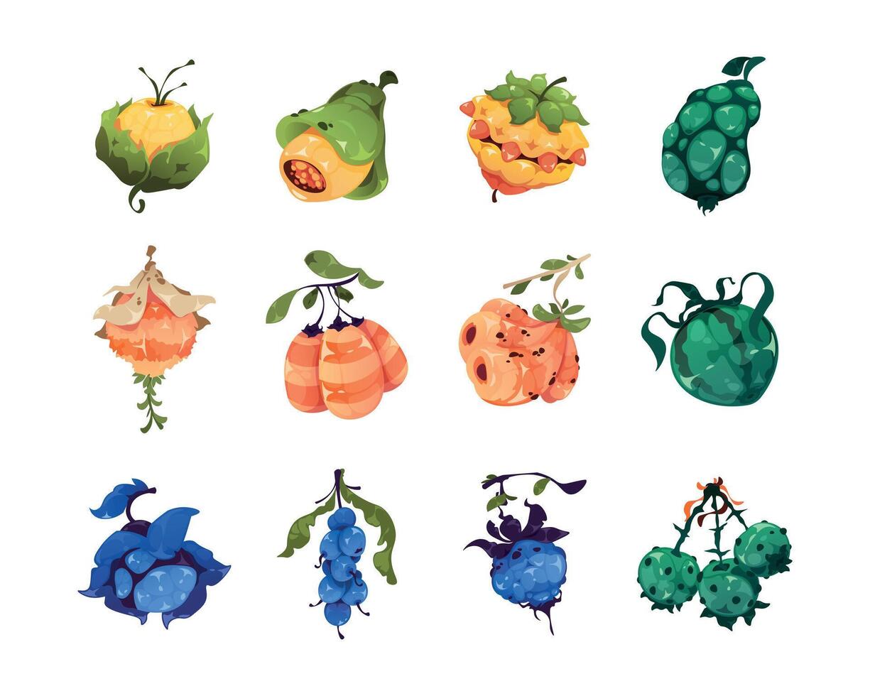 Fantasy fruits asset. Cartoon 2D sprite of colorful magic berries for video game and gambling slot machine, fancy bubble plants. Vector isolated set