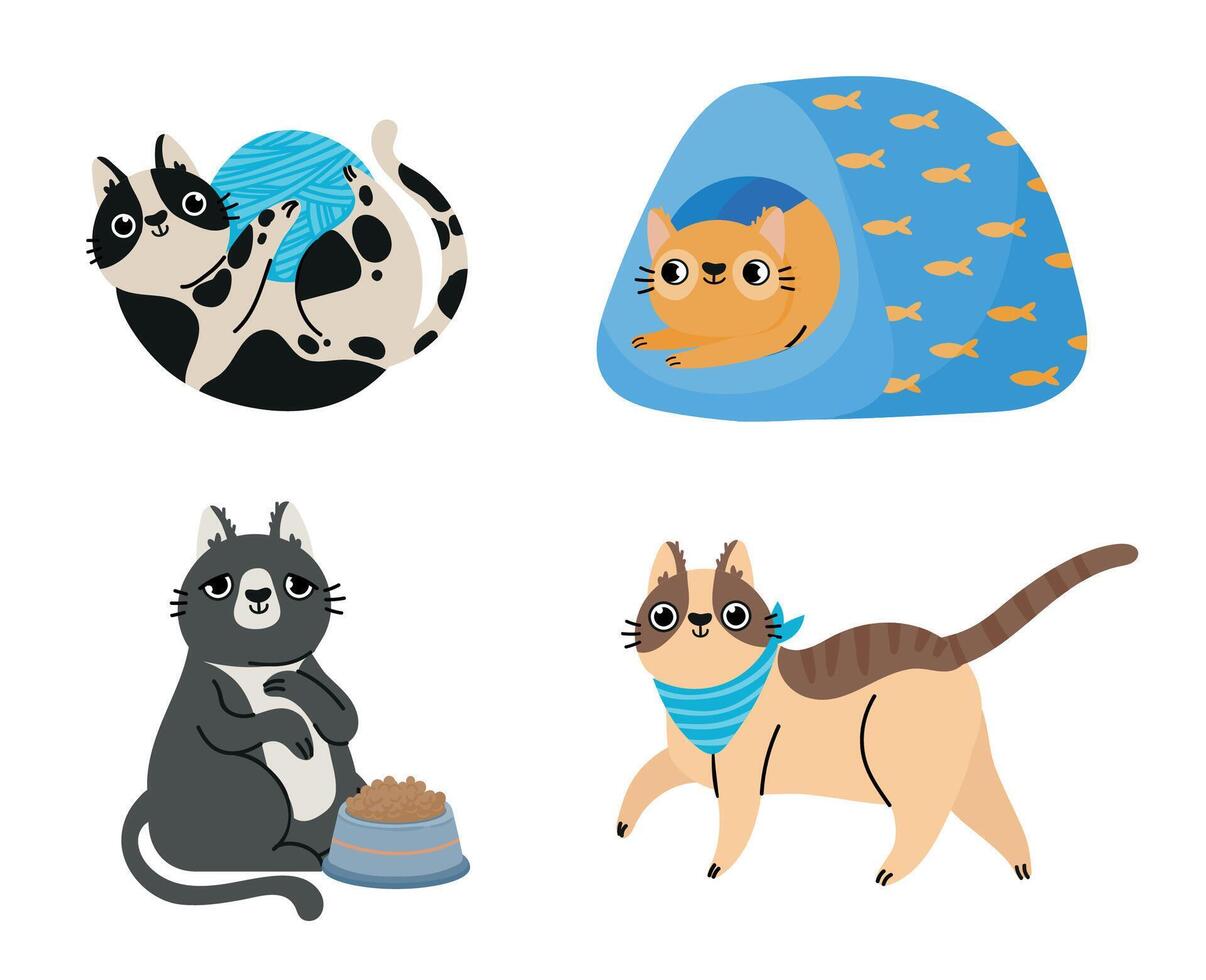 Cartoon cats. Cute animals sitting, lying in bed, walking and playing with ball of yarn. Pets eating and relaxing vector