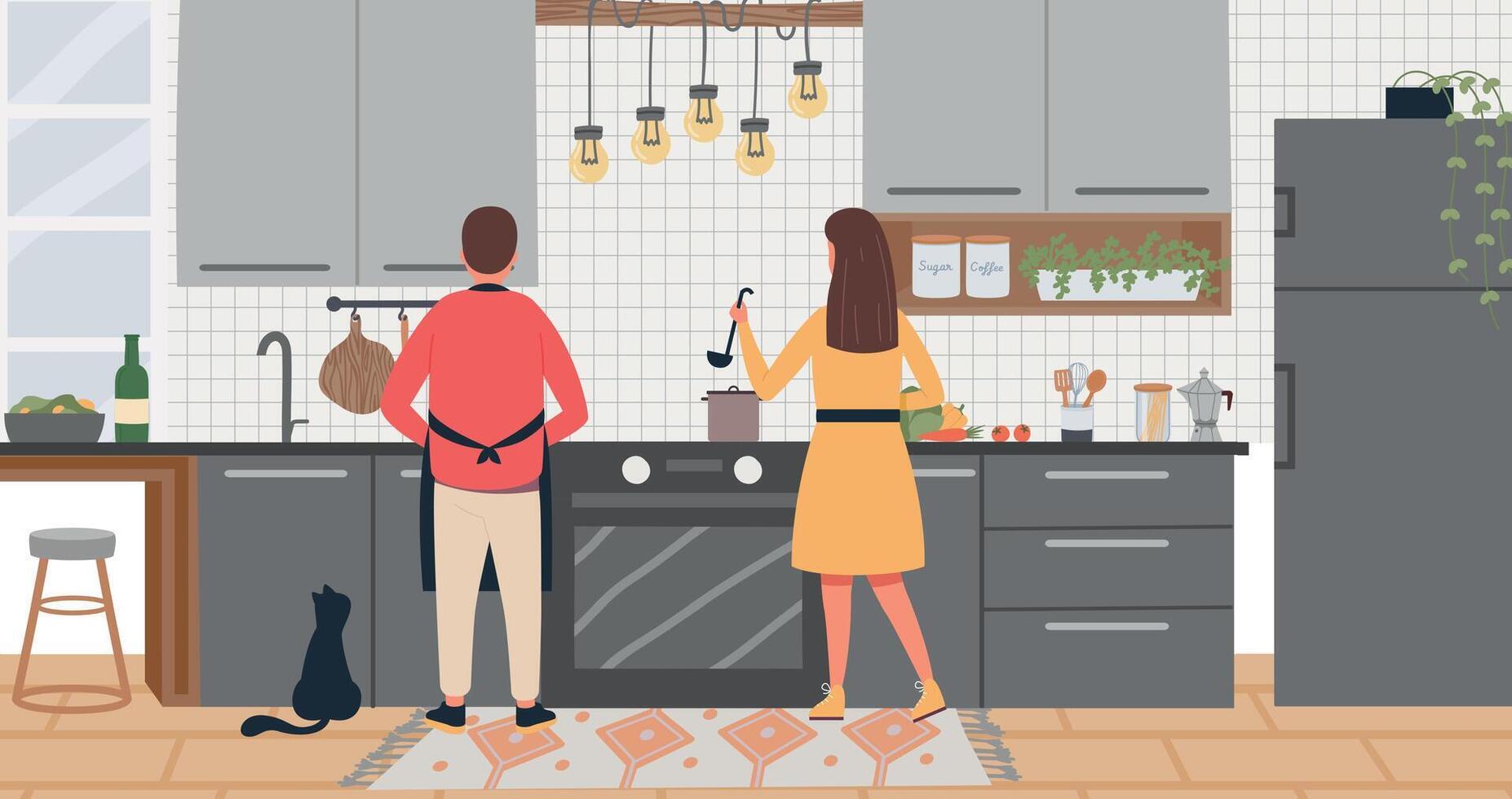 Family cooking at home. Man and woman making soup in kitchen interior. Couple preparing food together vector