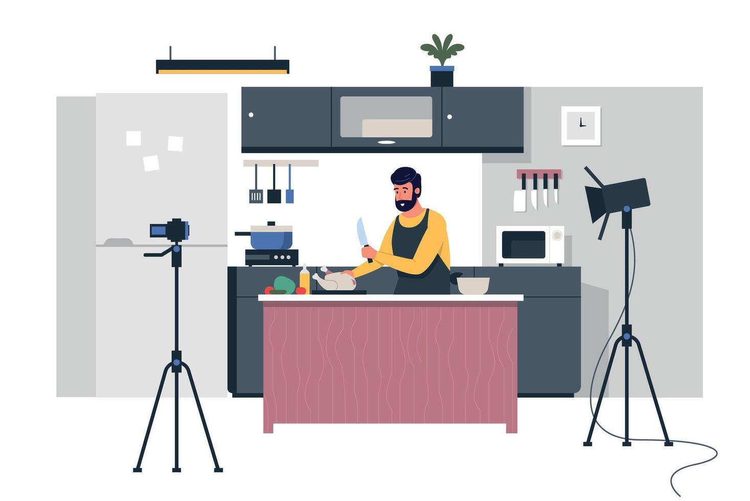 Cooking blogger. Cartoon person prepare food and streaming, trendy culinary vlogger making content and teaching. Vector modern cooking channel illustration