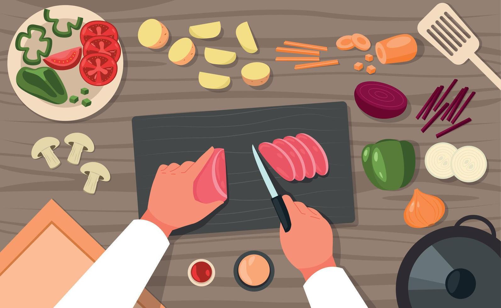 Cooking top view. Chef preparing chopping food on table, plate and board with slices cartoon vegetables healthy vegetarian meal cuisine. Vector illustration