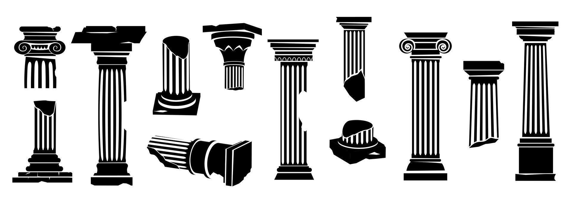 Ancient greek columns silhouette. Black classic roman architectural building elements, monochrome antique pillars and pedestals flat style. Vector collection