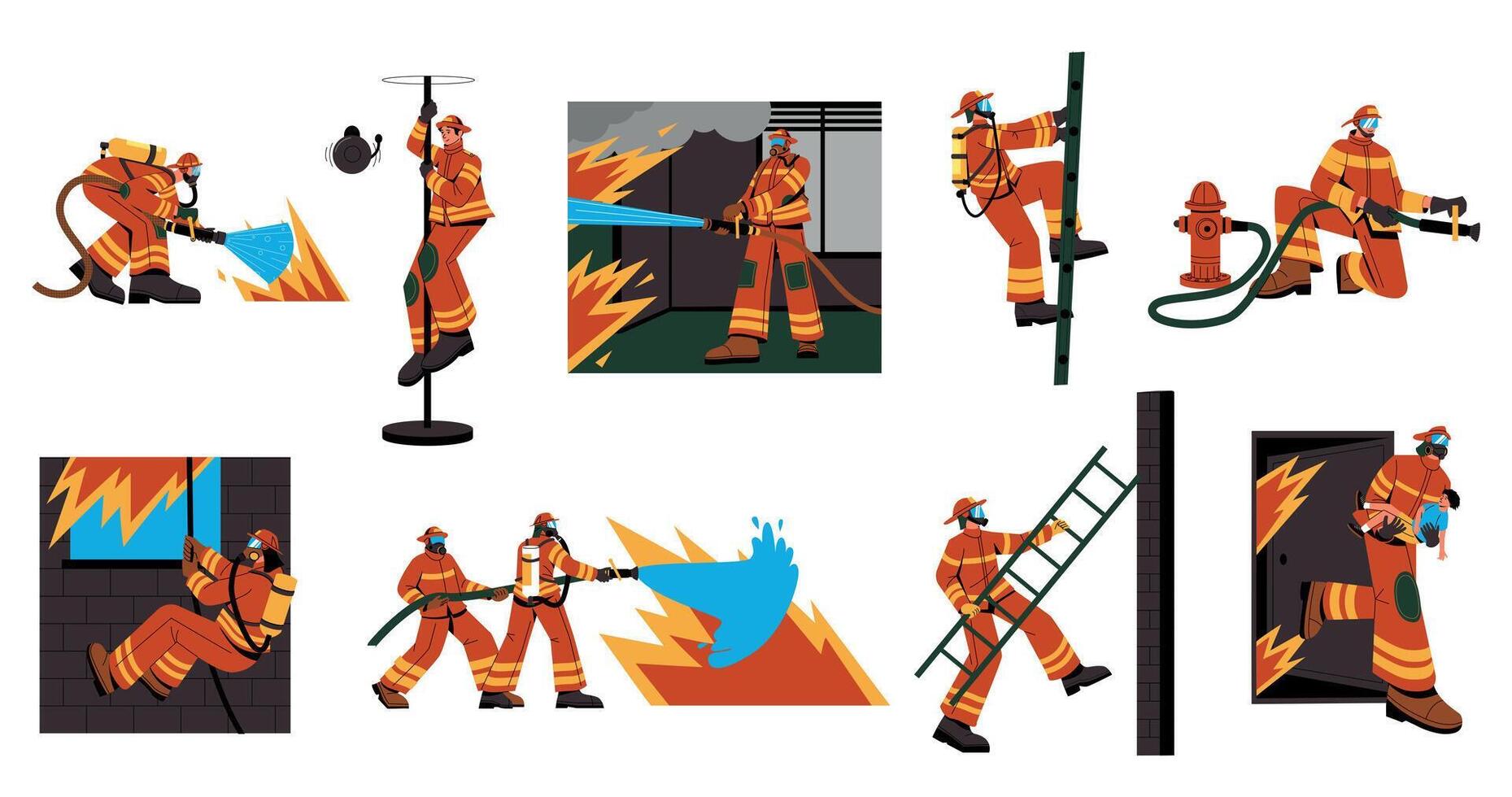 Fireman in uniform. Cartoon firefighter characters in different situations, emergency workers with rescue equipment safety concept. Vector flat set