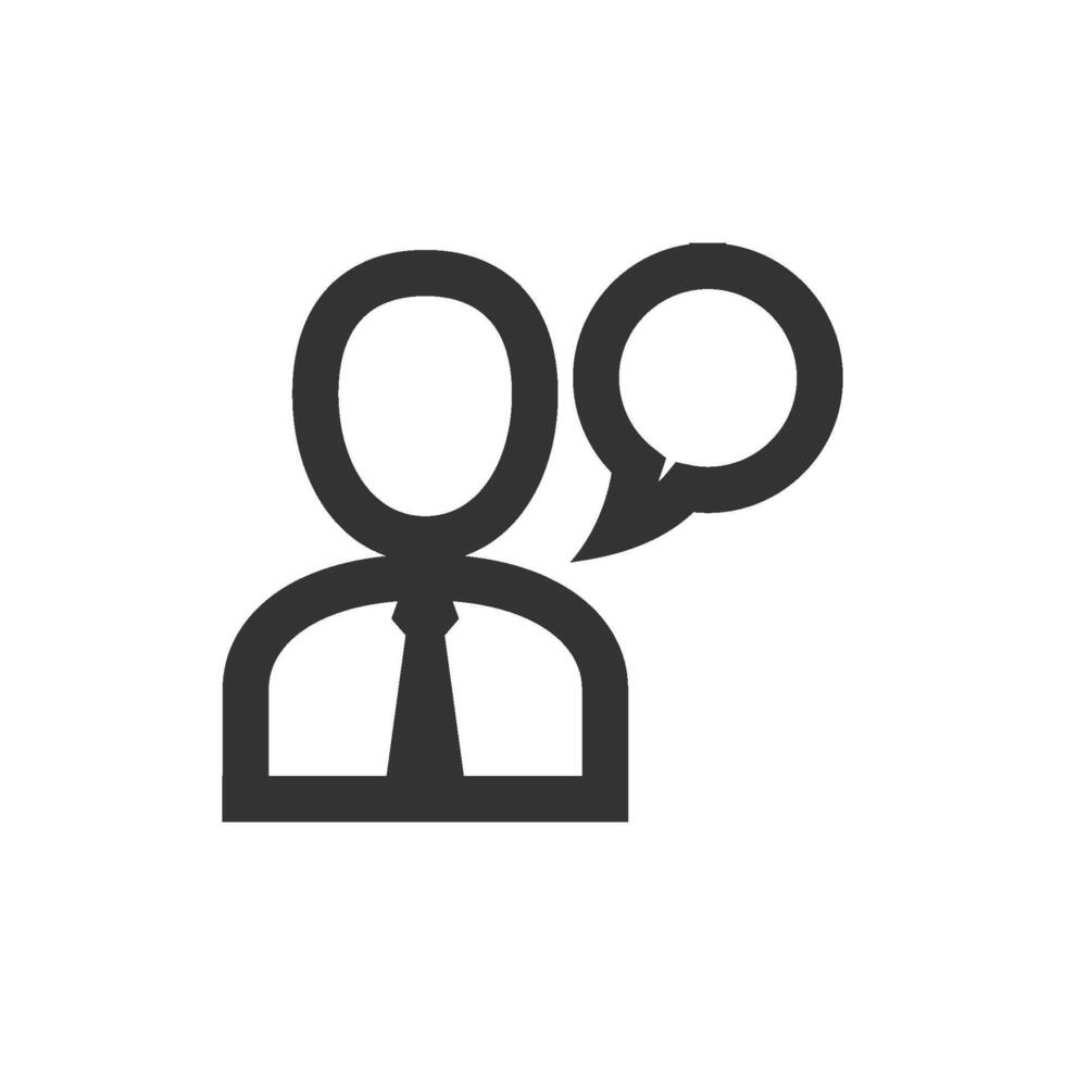 Businessman with talk bubble icon in thick outline style. Black and white monochrome vector illustration.