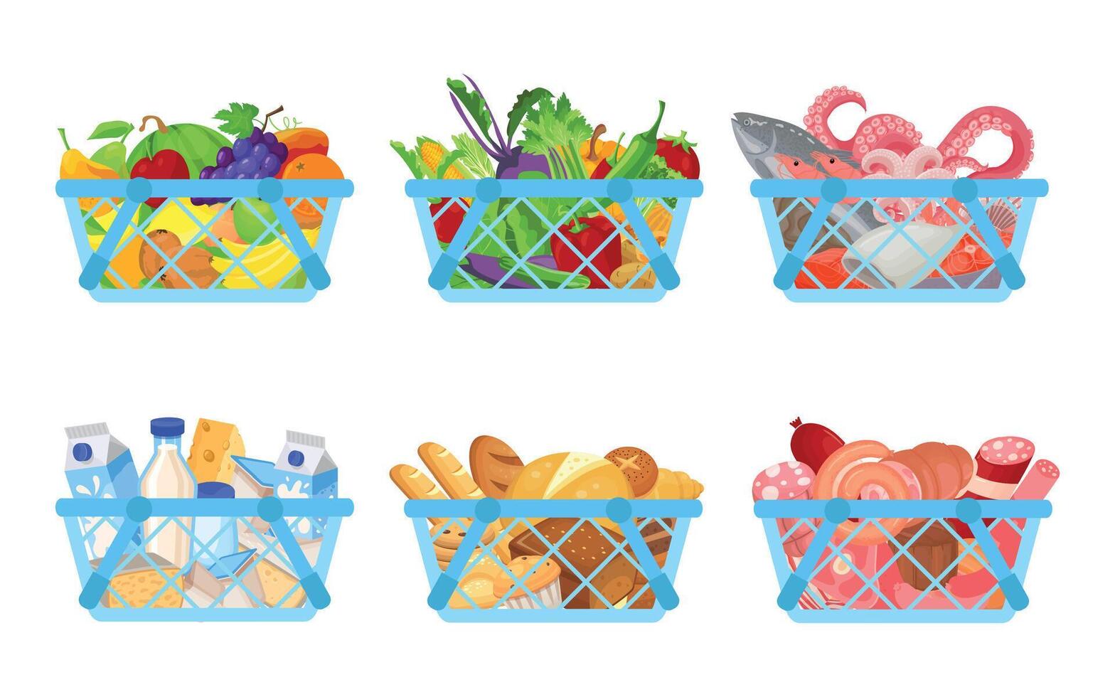 Set of shopping baskets full of products as fruit, vegetables, seafood, diary and bakery products, meat vector