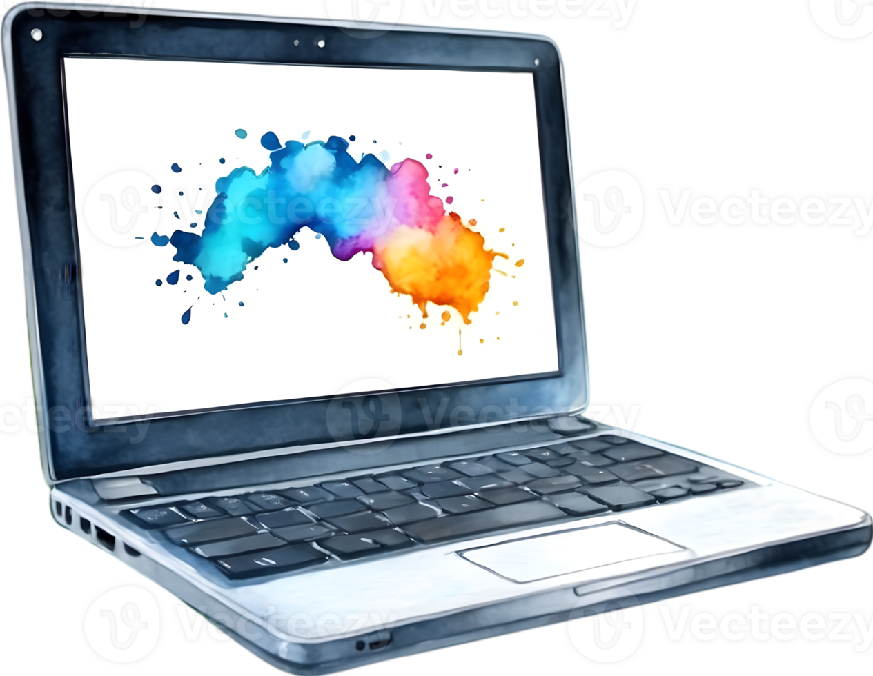 AI generated a watercolor  laptop computer with a colorful splash of paint on the screen png