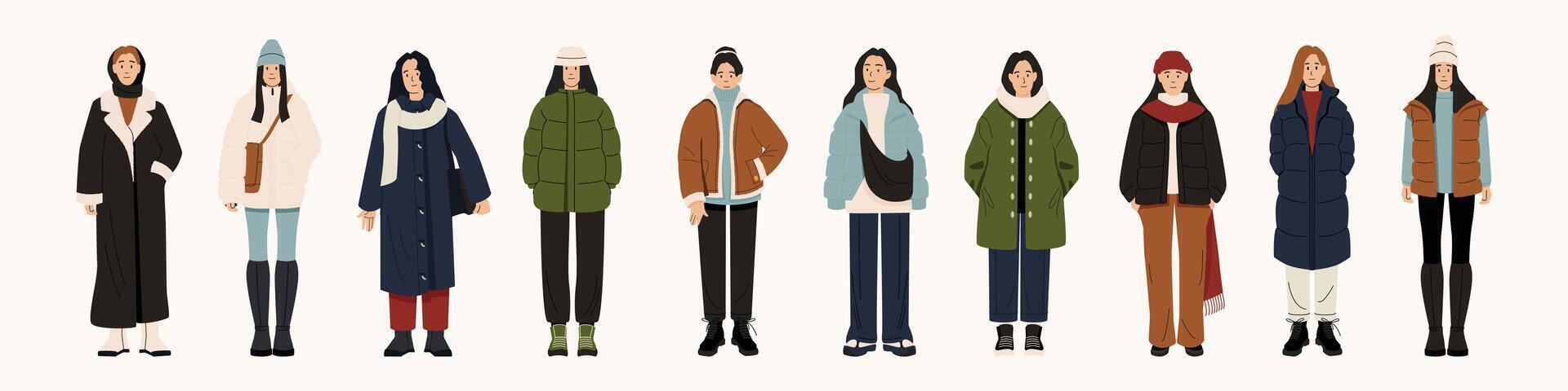 Women in fashion winter clothes. Modern trendy female characters wearing casual elegant outfit, trendy stylish street fashion. Vector isolated set