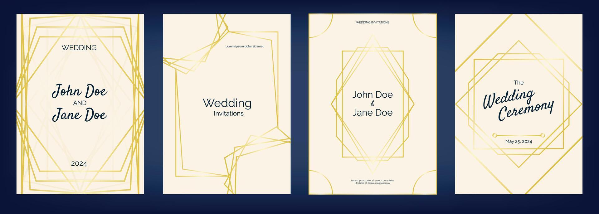 Wedding invitation with golden lines. Luxury elegant wedding card with geometric pattern. Modern minimalistic design vector concept