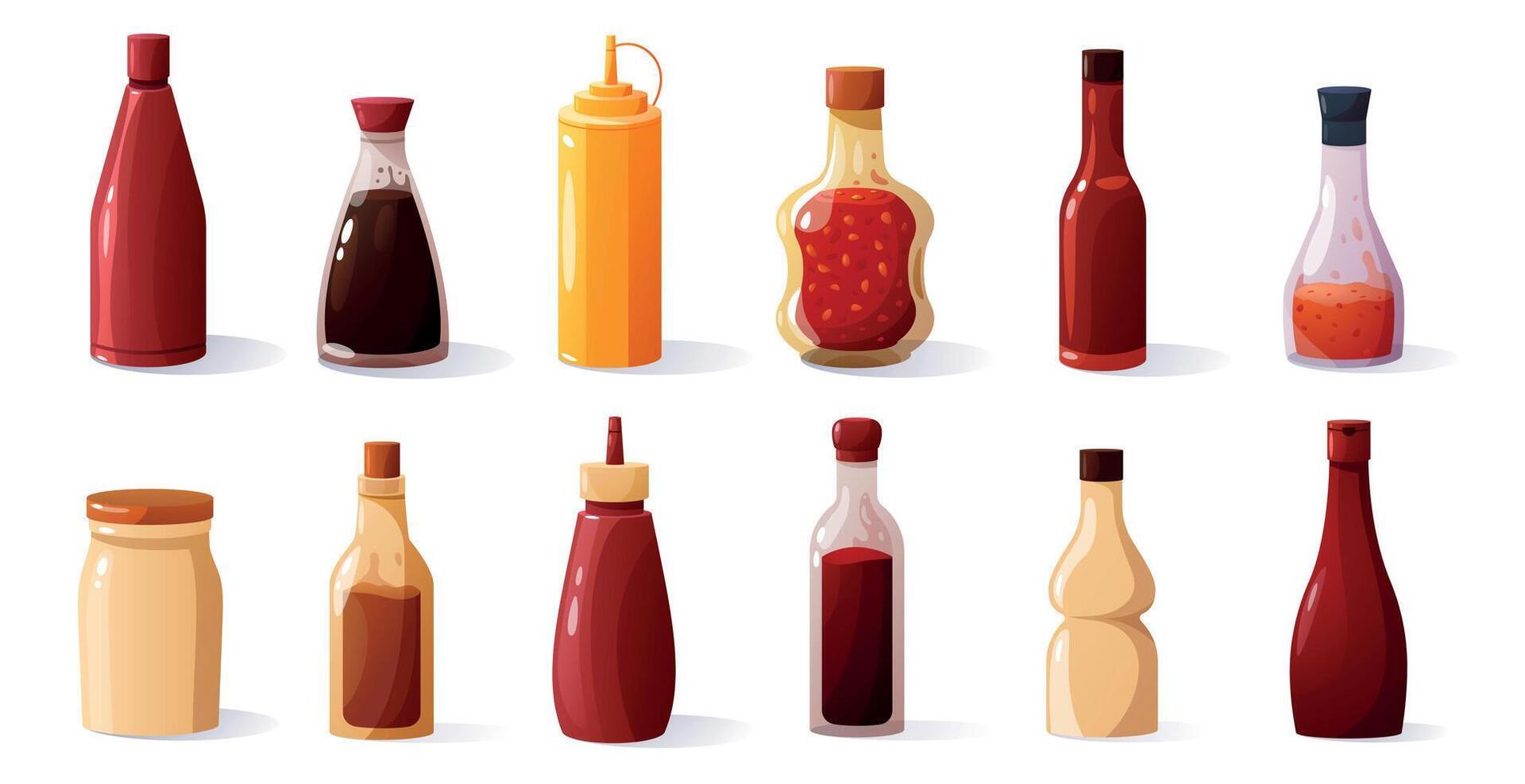 Cartoon sauce bottles. Traditional spicy ketchup mayonnaise mustard soy sauce packaging, fast food condiment ingredients for barbecue. Vector set