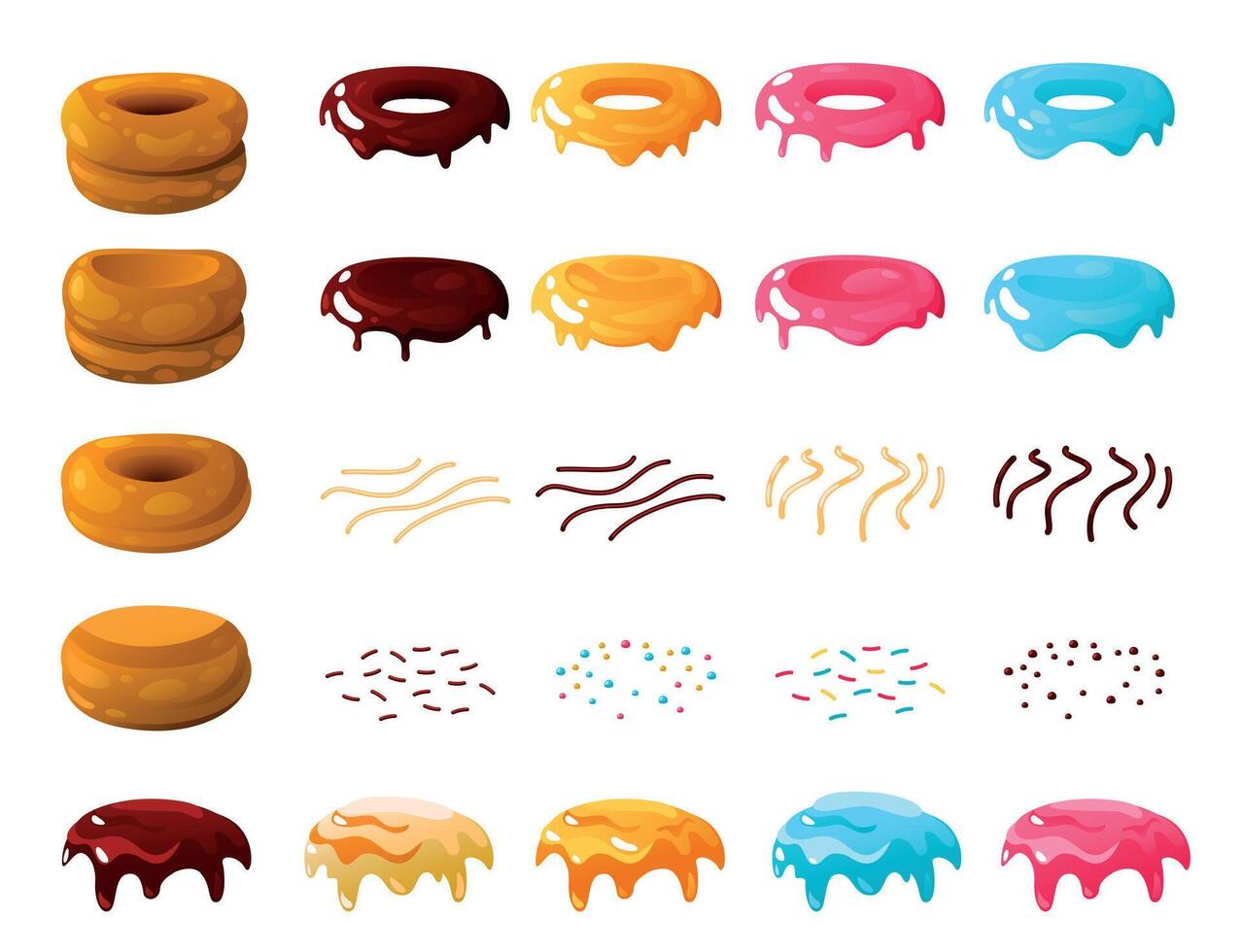 Donut cake kit. Cartoon bakery sweet doughnut types, colorful glazed pastry with toppings, tasty dessert bakery products. Vector isolated set