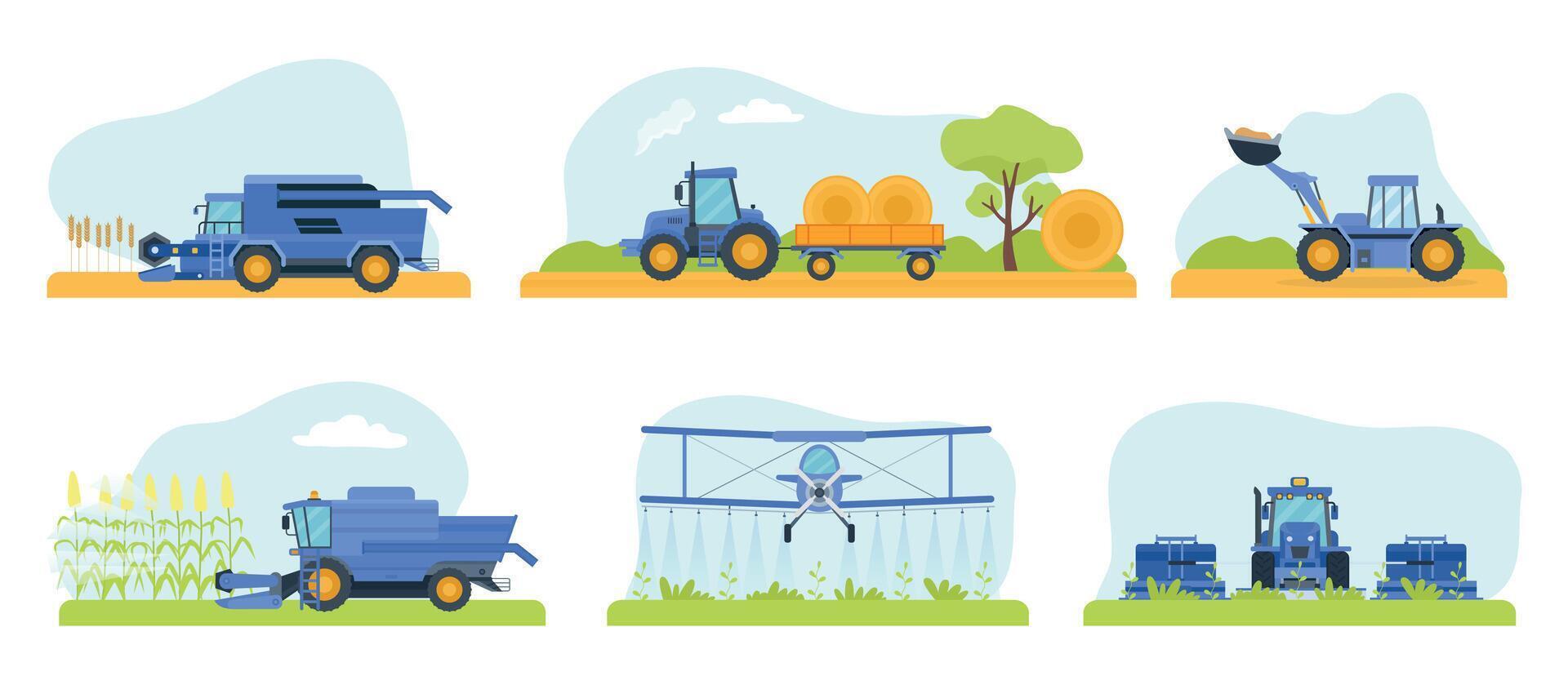 Flat agricultural machinery, harvester and watering plane vector