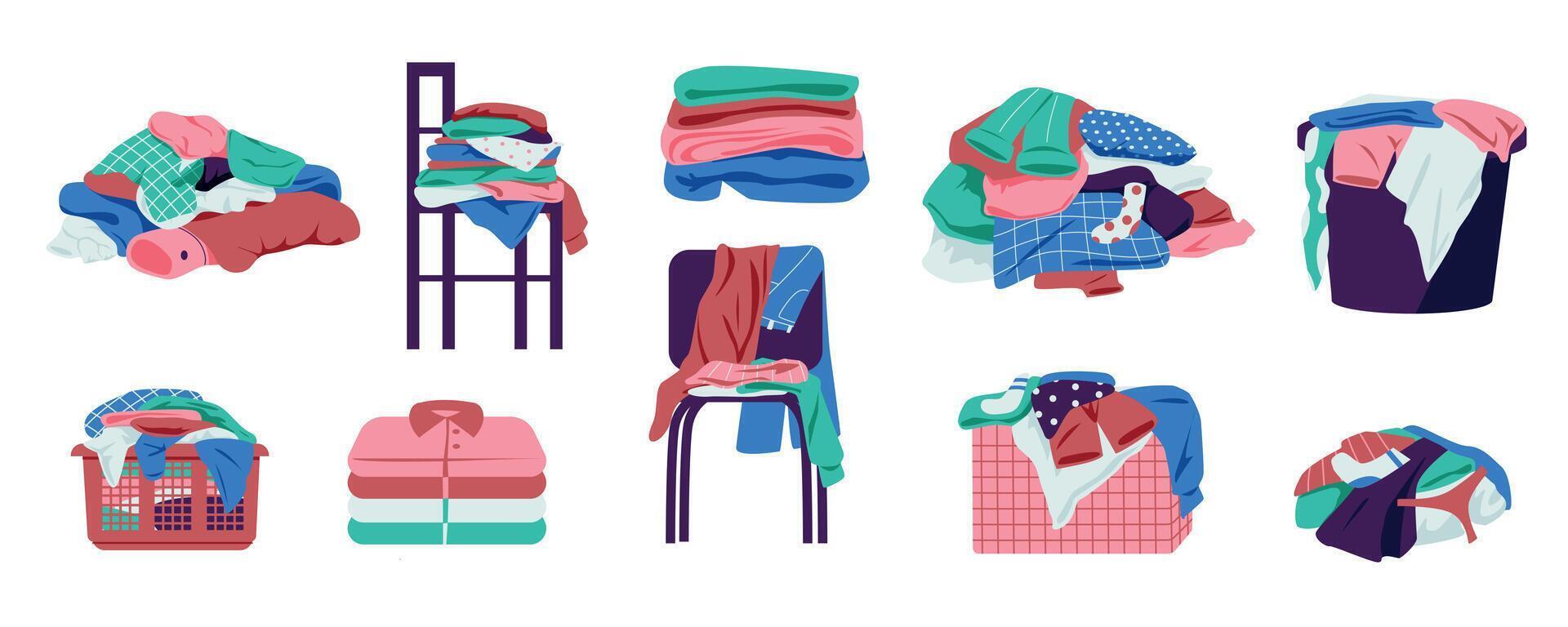 Clothes in piles and stacks. Dirty laundry bundle, messy stacks of clothes, chore of washing and drying. Vector messy laundry illustration