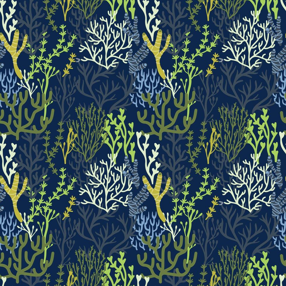 Seaweeds pattern. Seamless print of aquatic plants and nature, wallpaper background with cartoon blue algae, endless marine wrapping paper and textile. Vector texture