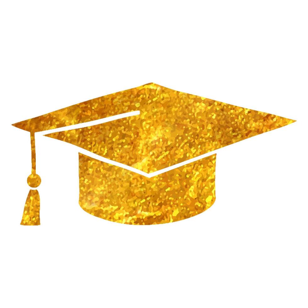 Hand drawn Graduation hat icon in gold foil texture vector illustration