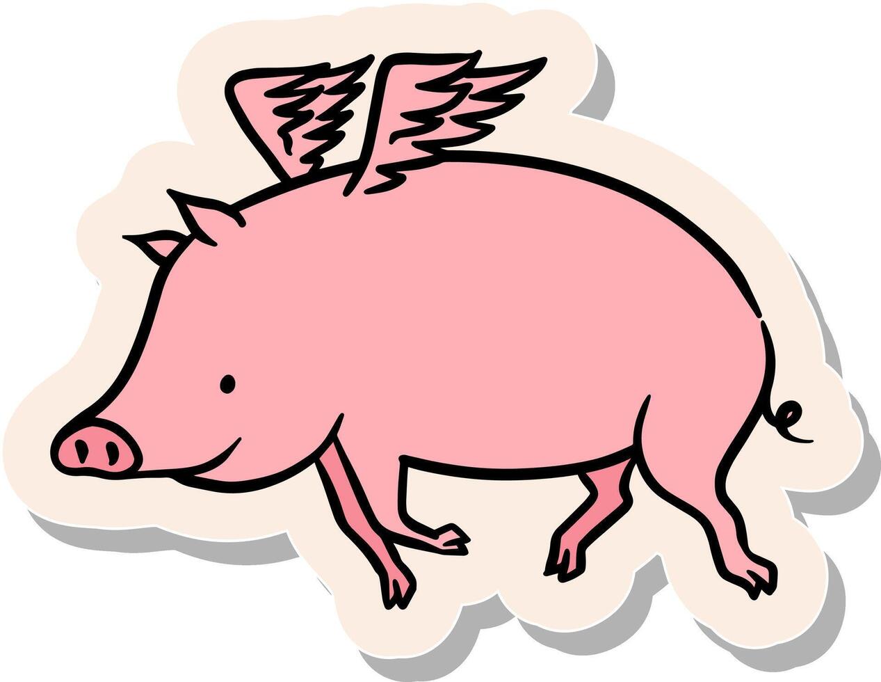 Hand drawn flying pig in sticker style vector illustration