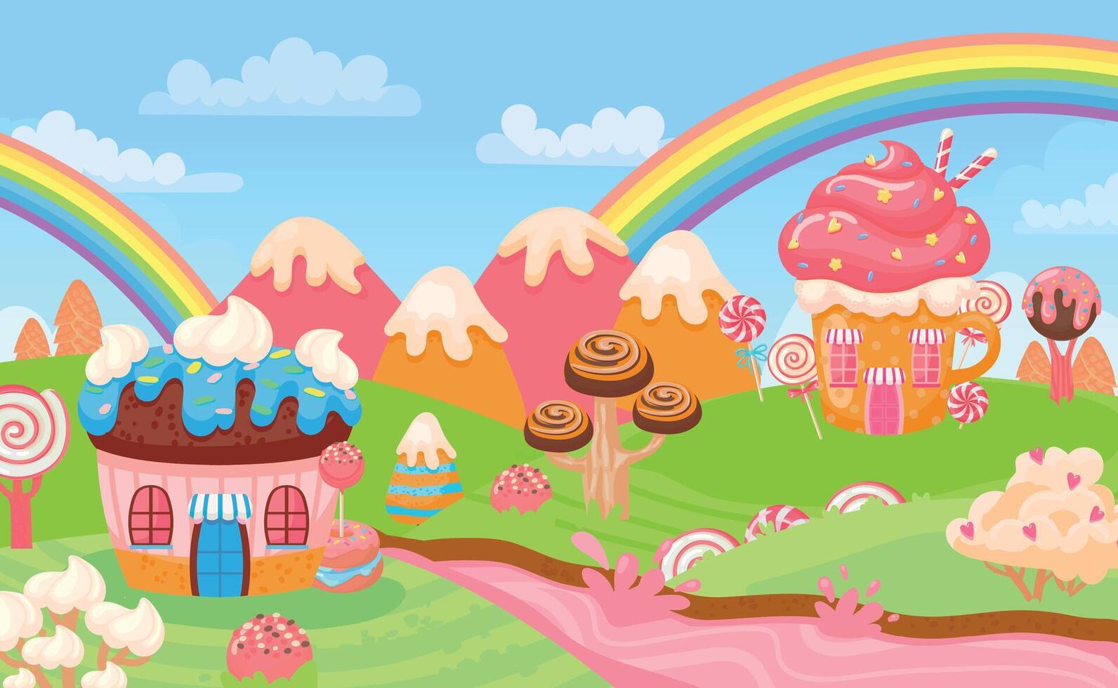 Candy land chocolate biscuit houses and caramel trees vector