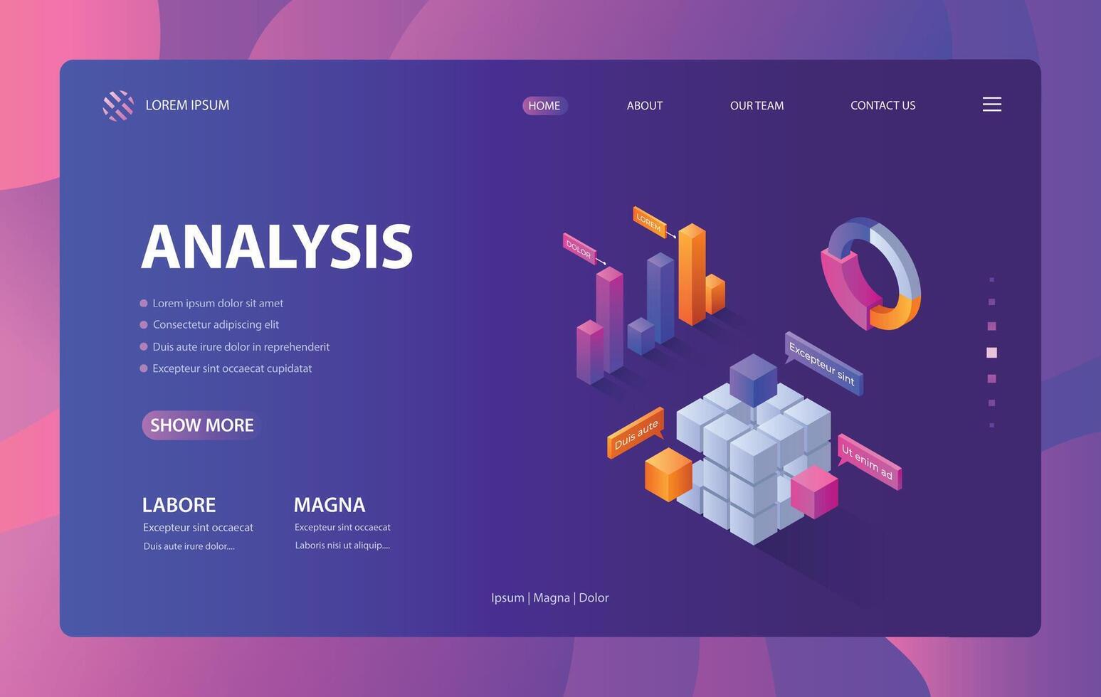 Isometric infographic landing. 3D data statistic and business chart web site layout template, financial presentation graphic element. Vector illustration