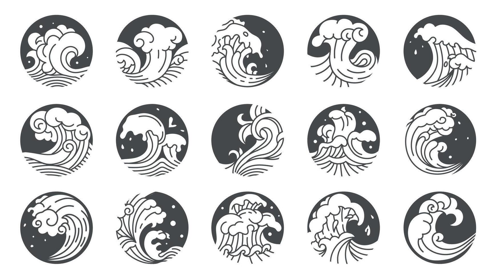 Japanese waves logo. Oriental traditional decorative wave pattern for sushi cafe and restaurant, abstract water ripple pattern. Vector isolated set