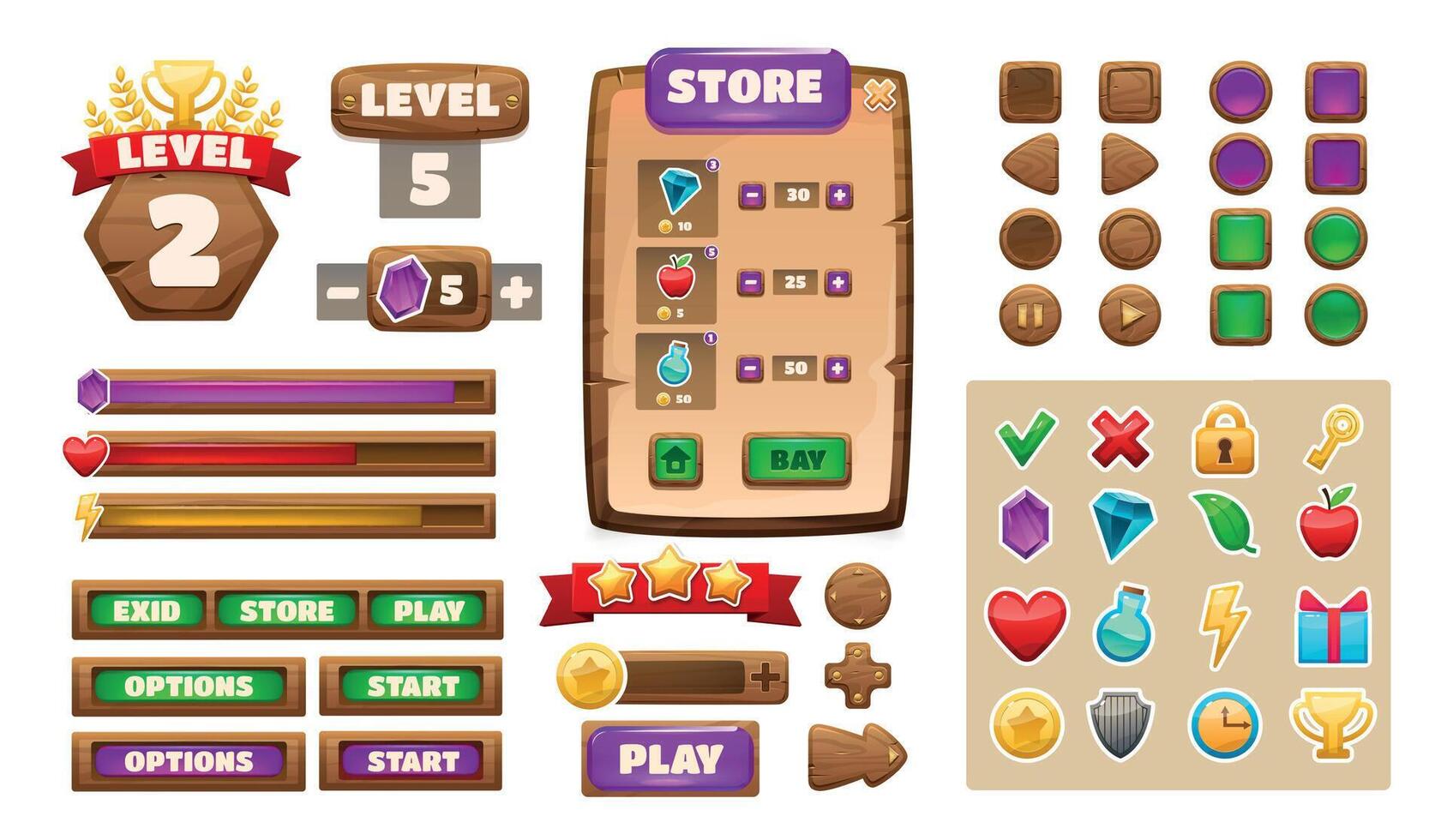 Game UI asset. Cartoon wooden menu interface elements, buttons icons panels progress-bars check-box and level indicator collection. Vector set