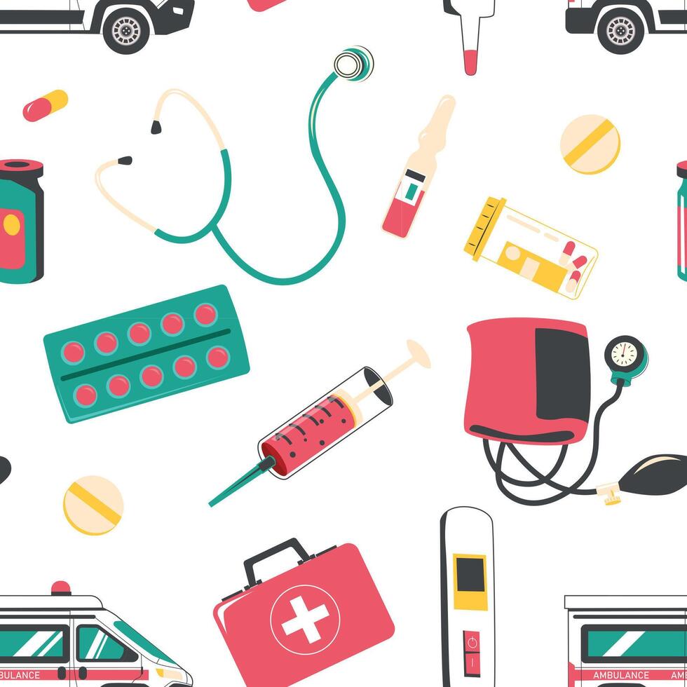 Medical tools pattern. Seamless print of doodle drug store equipment, endless background with cartoon first aid elements for wrapping paper. Vector texture