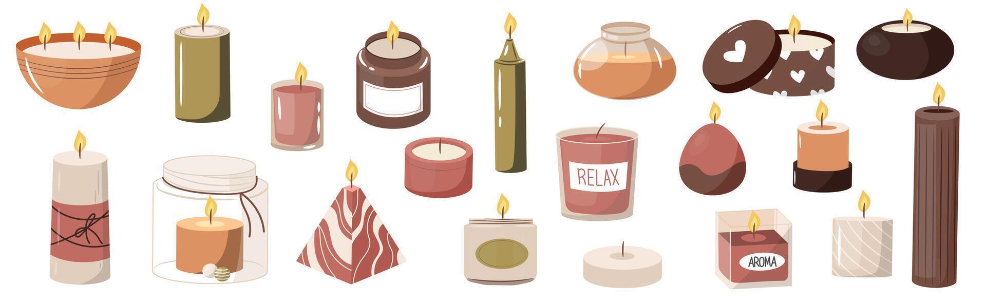 Aroma candles. Cartoon scented wax light, candle with wax and fragrance, spa therapy decoration different shapes. Vector isolated set