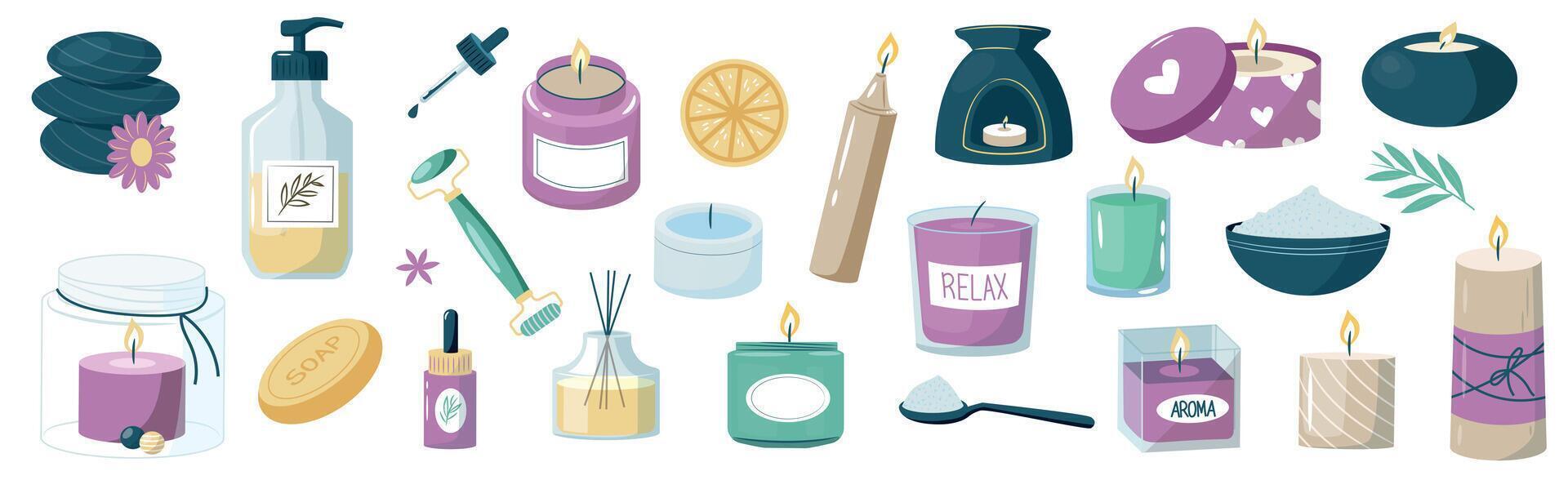 Aroma collection. Cartoon natural scented wax, candlelight and aromatherapy, zen and spa decorative fragrance candle elements. Vector isolated set