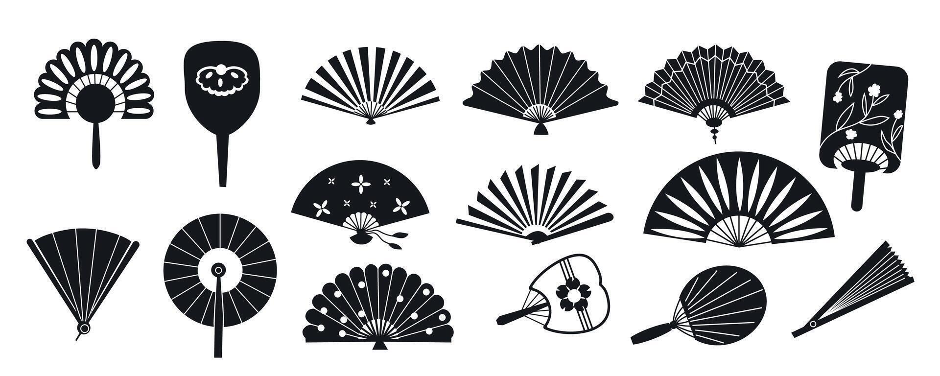 Oriental fans silhouettes. Asian traditional hand fans, elegant oriental japanese monochrome decorative elements. Vector isolated set