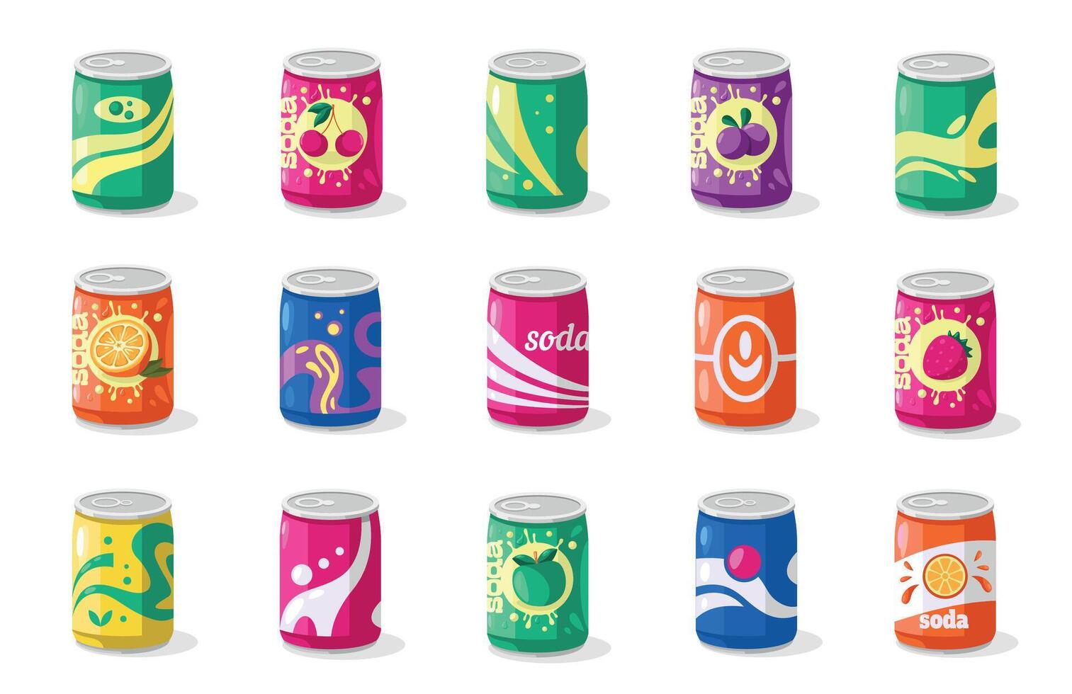 Soda in aluminum can. Cute beverage cans with colorful sweet fizzy pop, colorful cold beverages packaging cartoon style. Vector isolated set