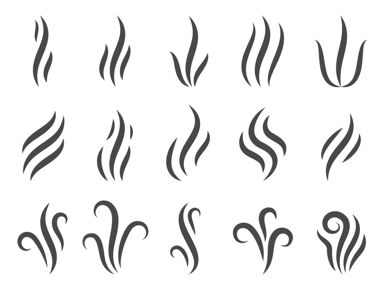 Line steam smoke. Flat black stream of soot fumes, steam cloud and smoke mark for logo symbol design. Vector fume odors logo set