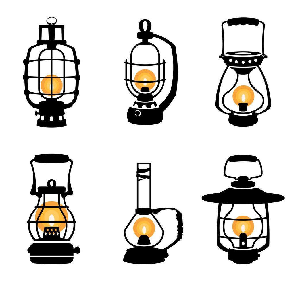 Lantern silhouette. Vintage black oil kerosene gas lamps, monochrome retro night light equipment with holder flat style vector
