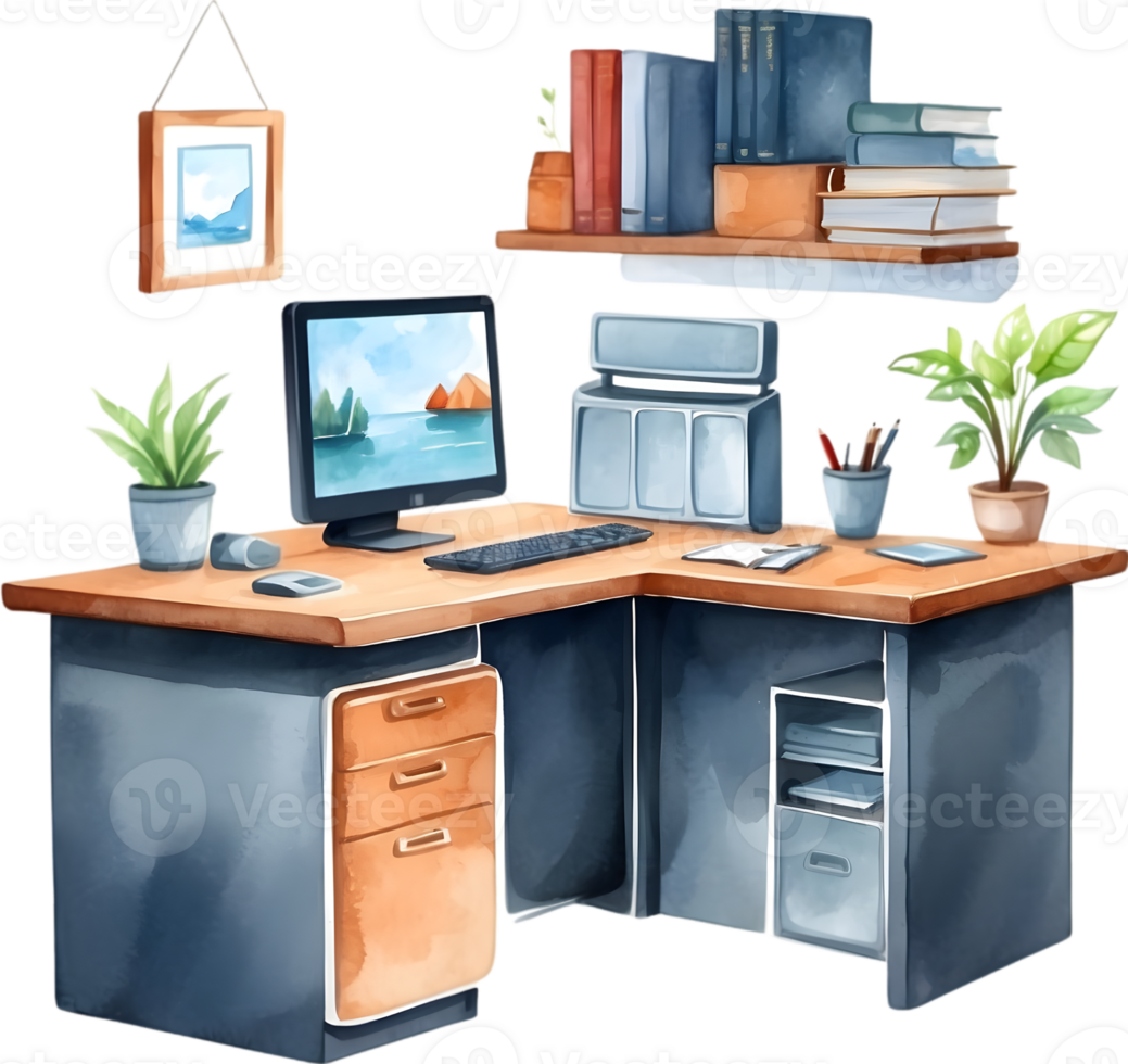 AI generated watercolor illustration of a desk with a laptop and plants png
