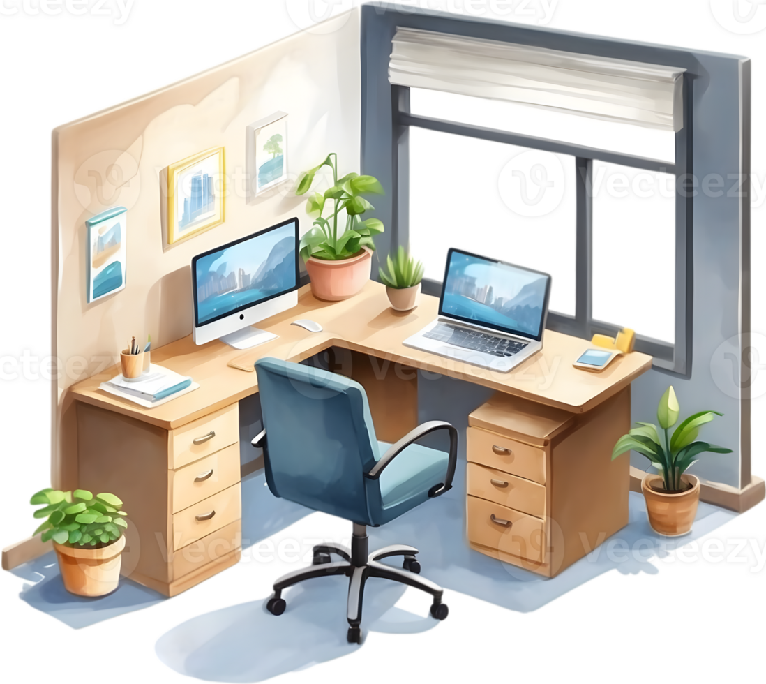 AI generated watercolor illustration of a desk with a laptop and plants png