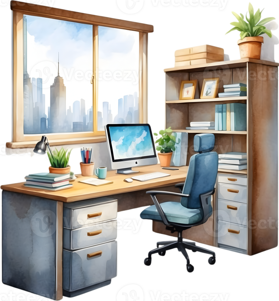 AI generated watercolor illustration of a desk with a laptop and plants png