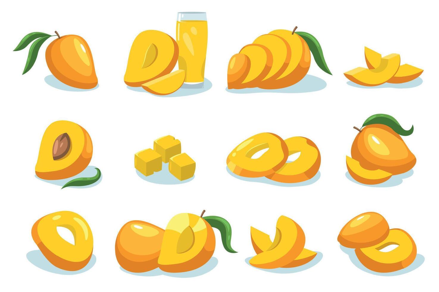 Mango collection. Cartoon whole ripe fruit tropical sweet pieces, organic mango diet healthy nutrition, vegetarian healthy food concept. Vector isolated set