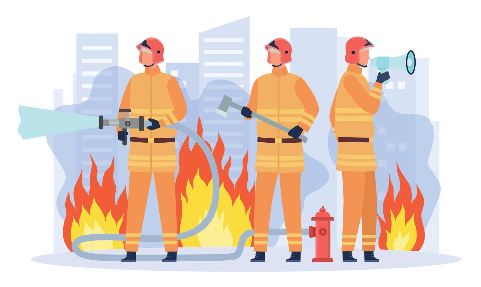 Flat firefighter department team group. Male characters in uniform holding equipment as hose, axe and megaphone vector