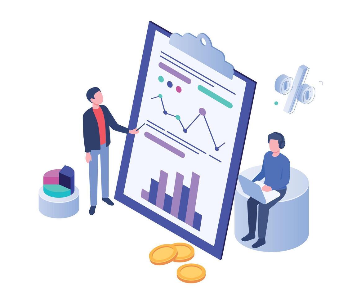 Isometric business analysis with chart and graphics vector