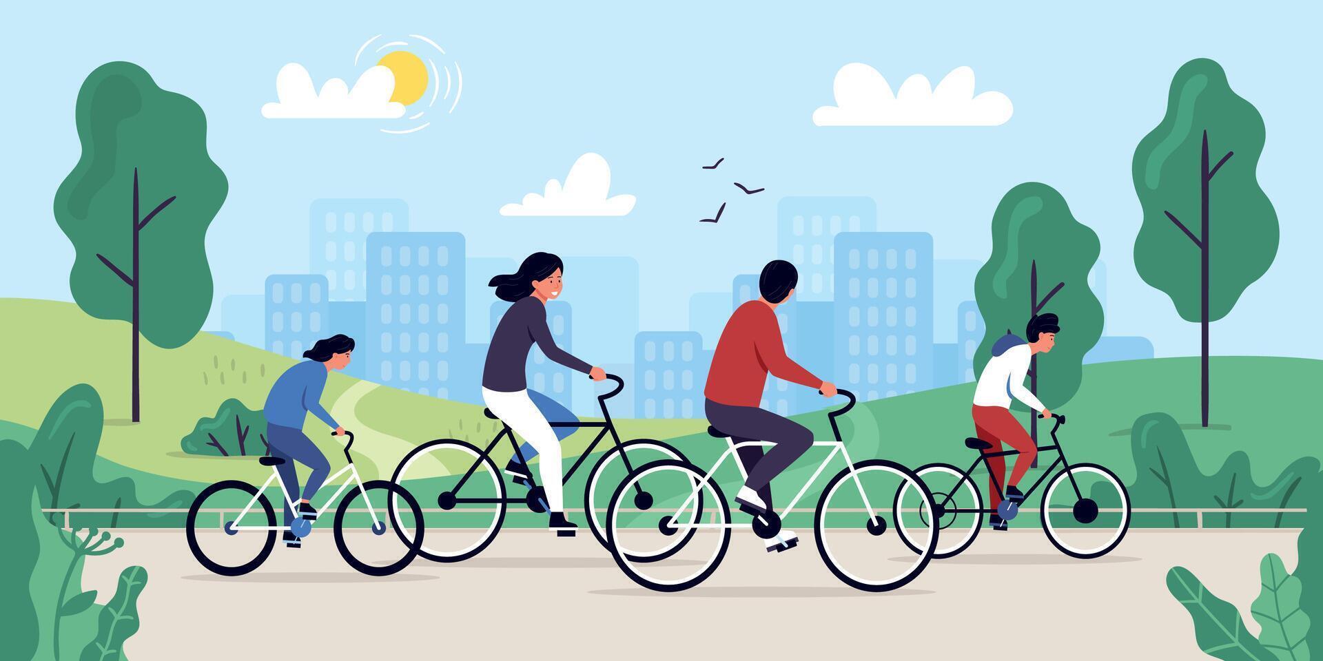 caracteres en bicicleta paseo en parque, verano al aire libre actividad concepto vector