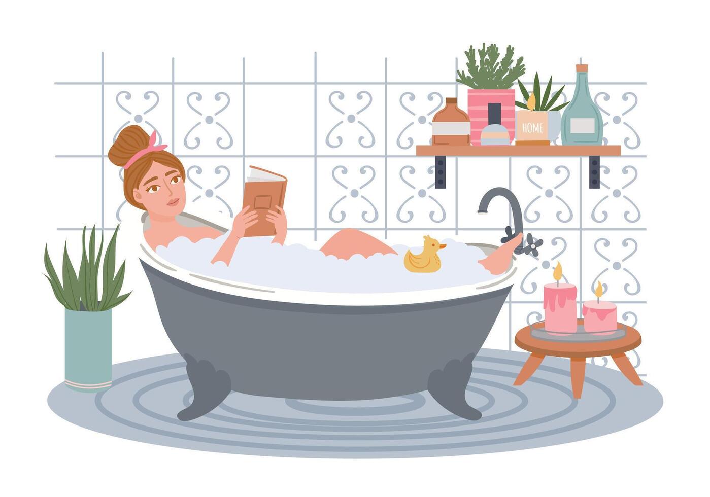 mujer teniendo baño con espuma y leyendo libro vector