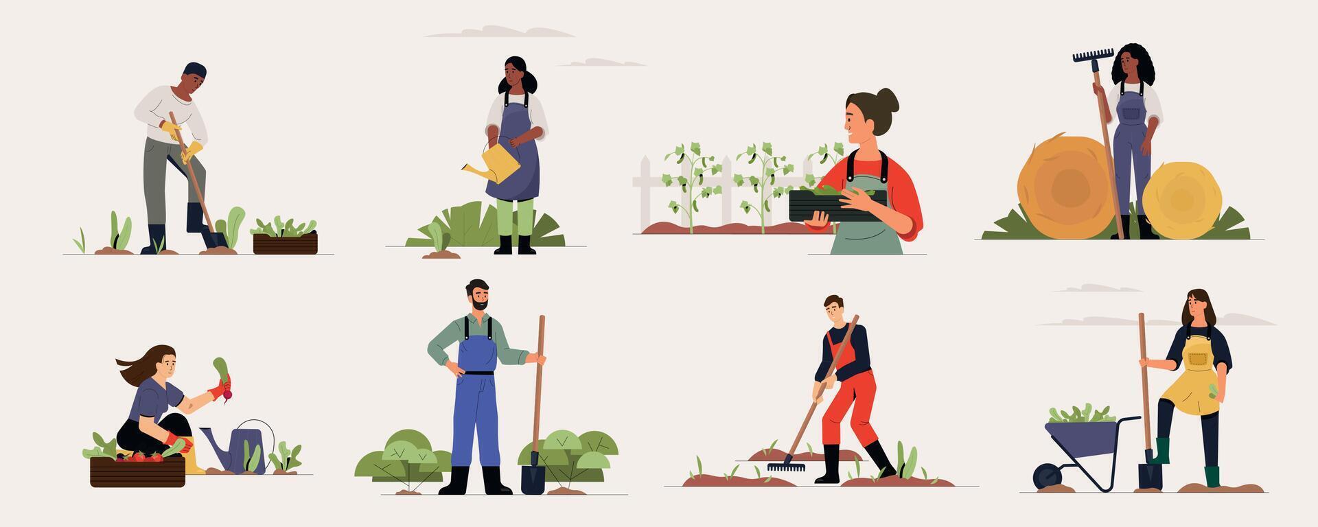 granja trabajadores dibujos animados personas trabajando en país campo cultivar cultivos y planta semillas, agrícola empleados trabajando en jardín con herramientas. vector plano ilustración