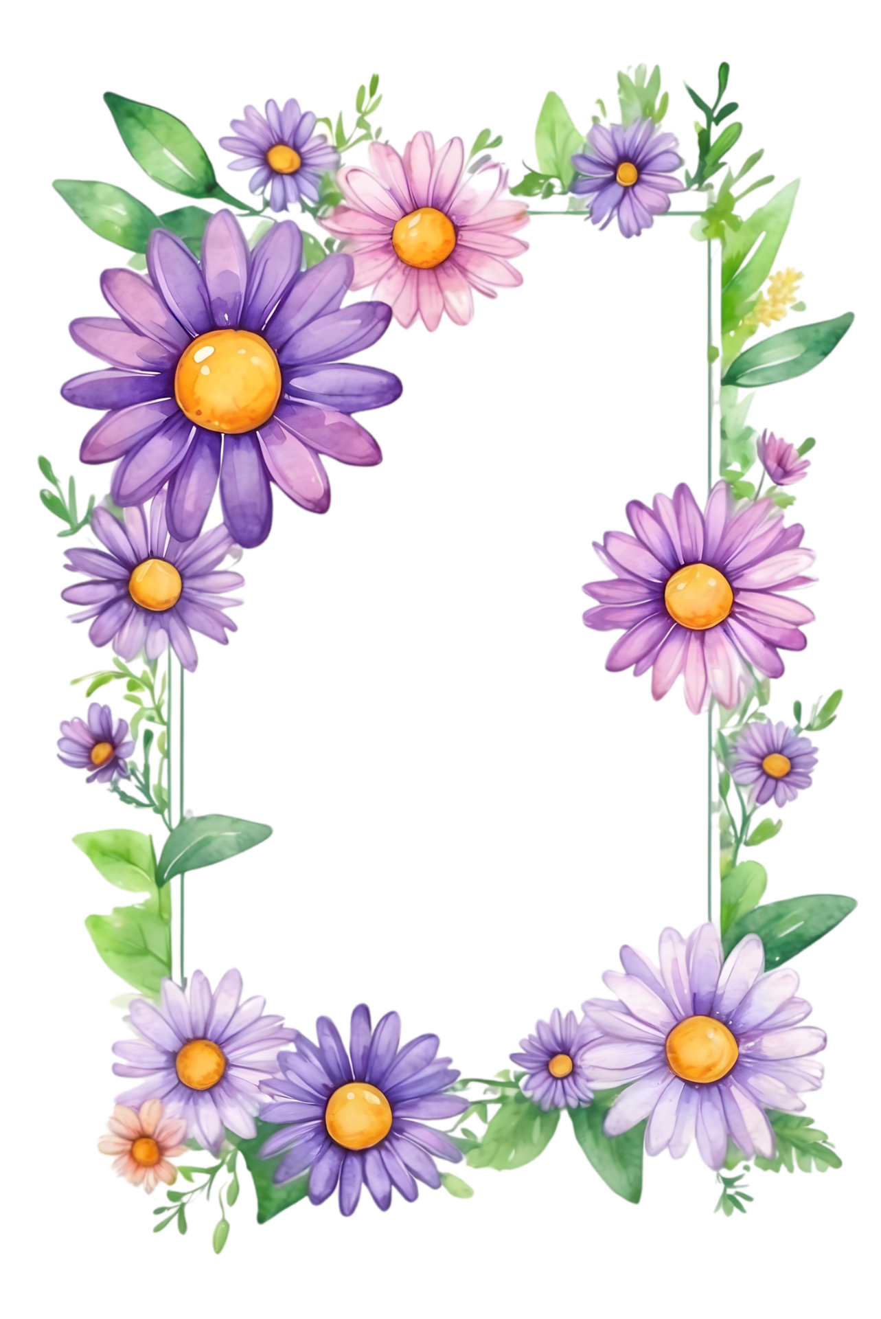 AI generated purple flowers and green leaves on a transparent
