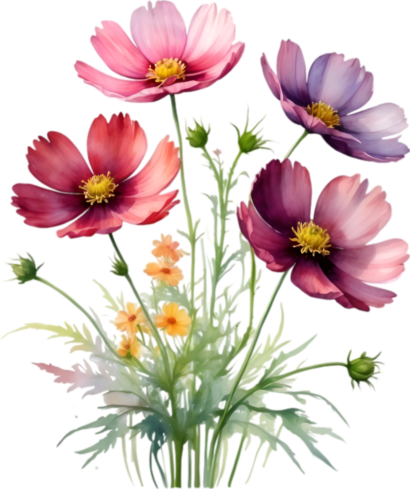 AI generated Watercolor painting of a bouquet of Cosmos flowers. png