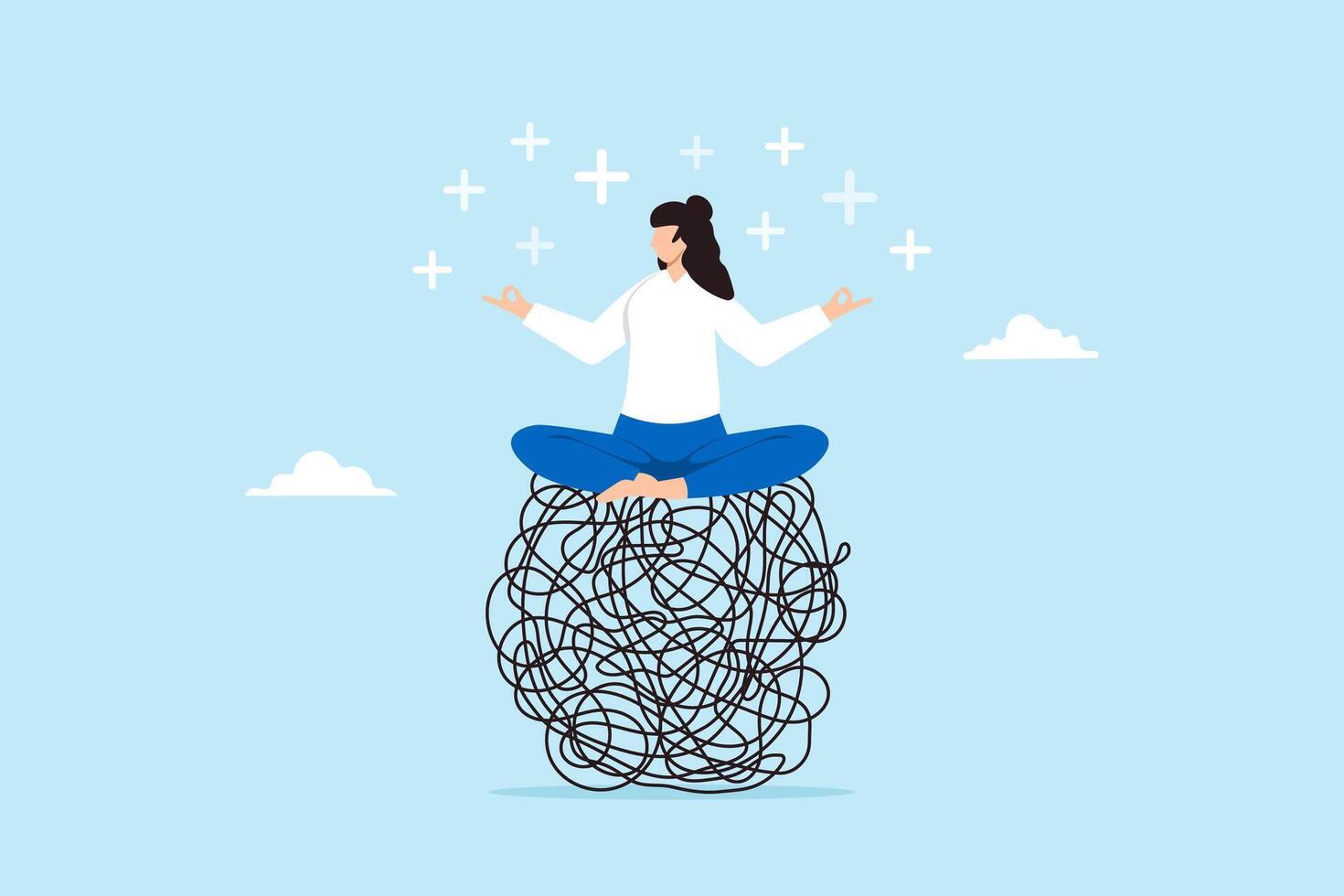 Young woman meditating on chaos mess line with positive energy vector