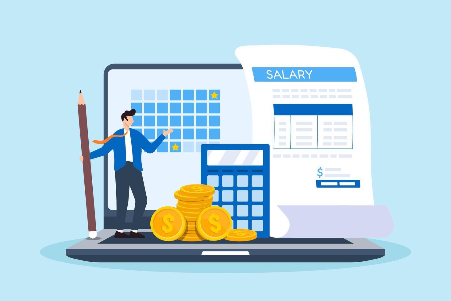 Businessman filling salary payroll system online in computer vector